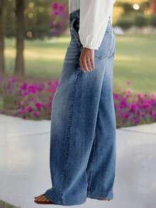 时尚跨境女式休闲通勤高腰弹力几何刺绣设计直筒牛仔裤，百搭 - 深色水洗藍 - 查看 2