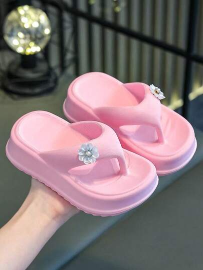 Girls' Pink Floral Thong Sandals, Fashionable Thick-Soled Flip Flops, Suitable For Indoor And Outdoor Wear In Summer, Adorable Pearl Flower Decorated Beach Shoes