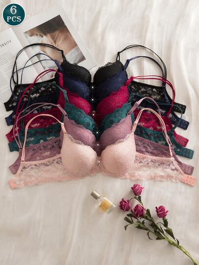 6 piezas Sujetadores con aros de encaje floral - Etiquetado de talla preciso, disponible en múltiples colores | Soporte con aros