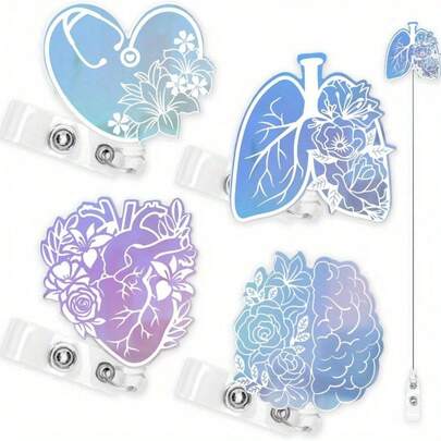 Nurse Badge Reels 4PCS Retractable Badge Holders With Alligator Clip Iridescent Heart Brain Patterns Holographic Style Cute Badge Reels For RN Nurse Doctor Student Nursing Graduation Appreciation Gift