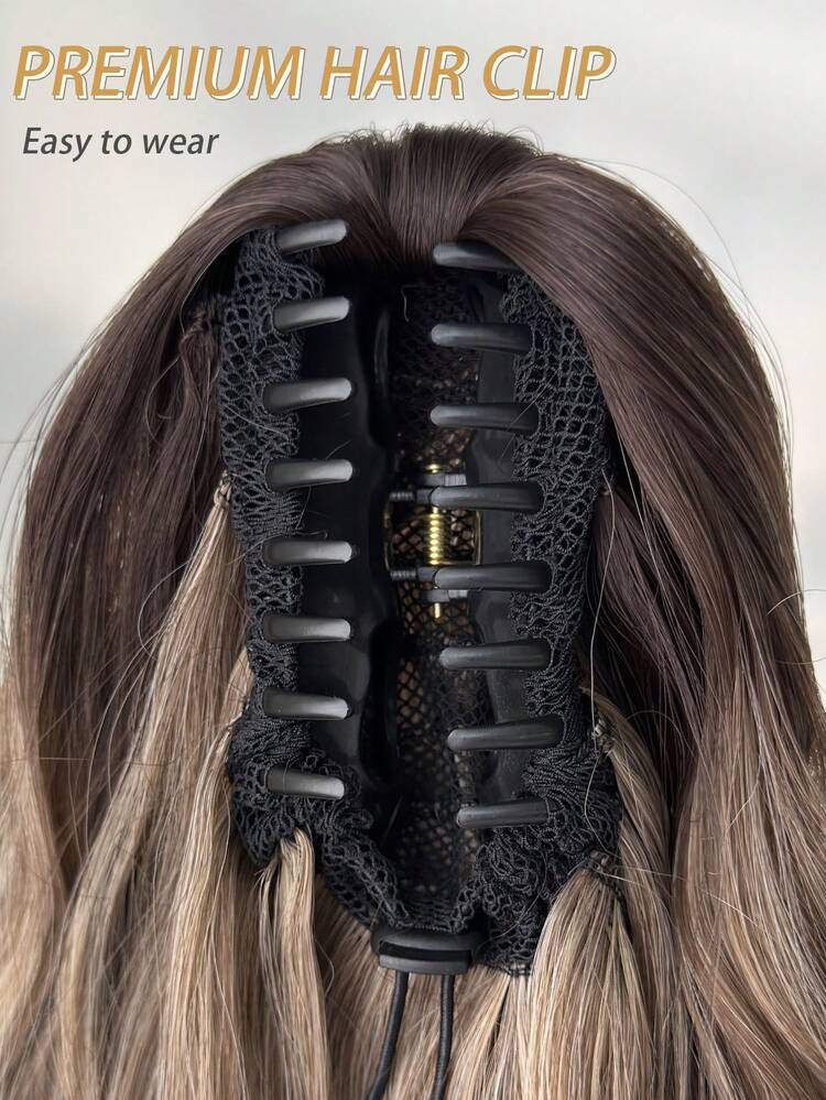 爪形马尾辫接发，渐变色银黑棕 24 英寸长水波纹发丝，耐热纤维合成马尾辫，适合女士和女孩在派对上日常使用 - 漸層棕色 - 查看 7