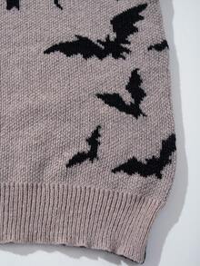 Warner Bros 男士休闲宽松蝙蝠侠提花图案圆领长袖套头毛衣，街头风，适合秋冬季穿着 - 卡其色 - 查看 6