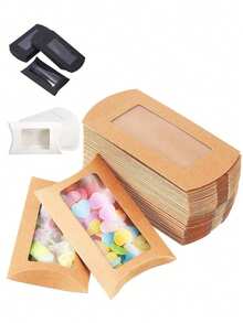 12pcs Kraft Paper Mini Pillow Boxes With Clear Window, Gift Packaging Boxes For Baking, Candy, Chocolate, Jewelry Display, Wedding, Party, Birthday, Bridal Shower, Bachelor/Bachelorette Party, Graduation, Halloween, Christmas