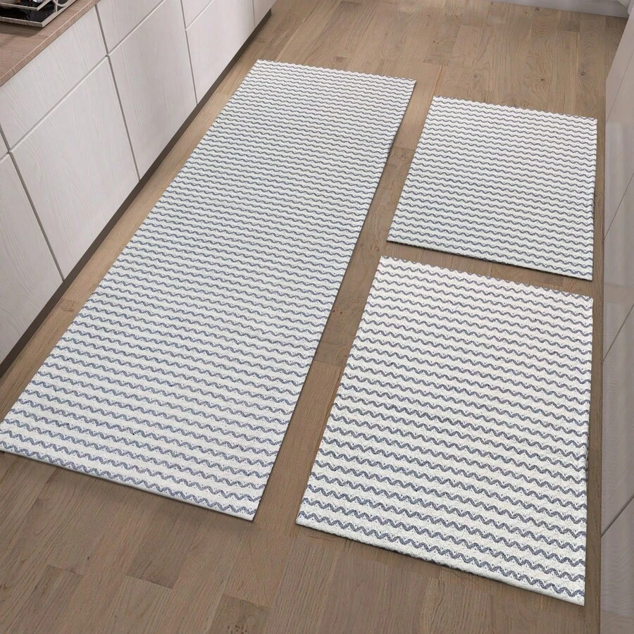 3-Piece 100% Cotton Runner Set – Decorative Rugs For Kitchen, Bathroom Or Laundry Room - Xám/Tự nhiên - Xem 1
