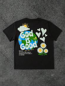 Camiseta de manga corta con cuello redondo y estampado de letras y corazones para hombres Noixe, moda de verano para hombres, estampado suelto - Negro - Ver 5