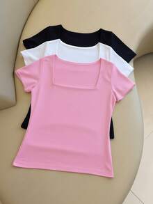 Kit Of 3 Basic Suplex Blouses, Square Neckline, Short Sleeve, Lined - HỒNG-TRẮNG-ĐEN - Xem 1