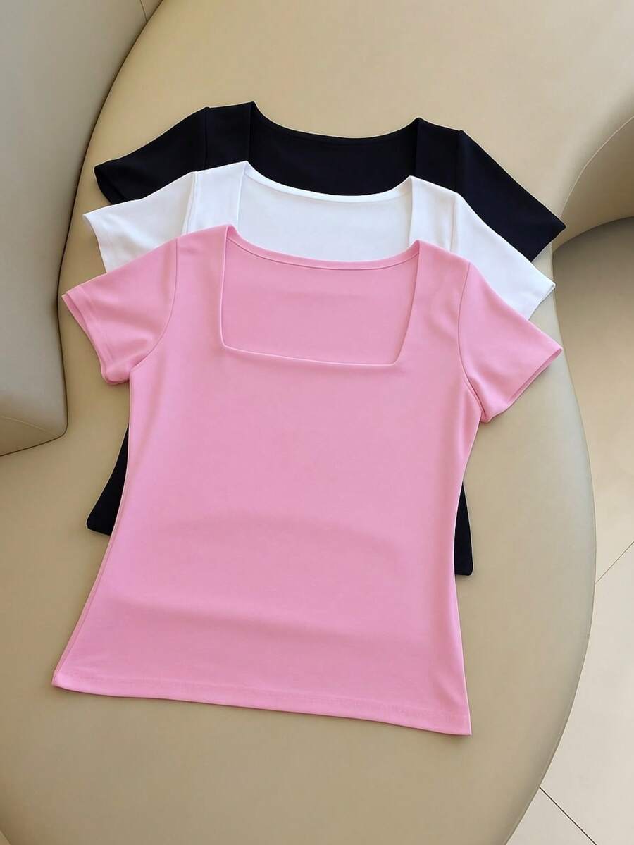 Kit Of 3 Basic Suplex Blouses, Square Neckline, Short Sleeve, Lined - HỒNG-TRẮNG-ĐEN - Xem 1