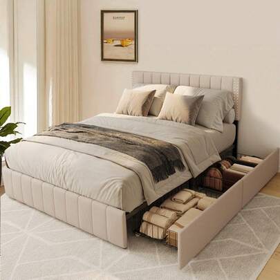 Marco de cama tapizado con 4 cajones, cabecera ajustable, silencioso, listones de madera, apto para colchones de 15 a 30 cm, no necesita somier.