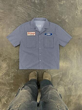 Men's Casual Striped Slogan Print Short Sleeve Shirt, Summer