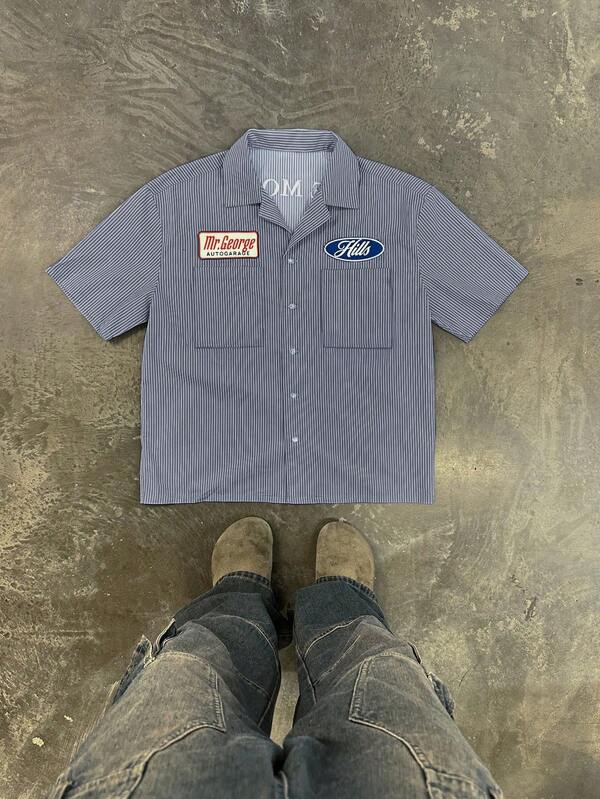 Men's Casual Striped Slogan Print Short Sleeve Shirt, Summer