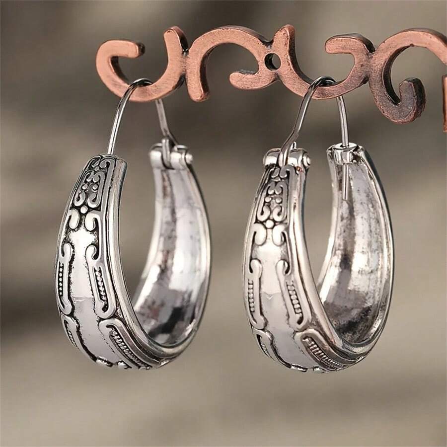 Vintage Carved Pattern Hoop Earrings, Simple & Fashionable Jewelry Gift For Party