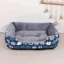 SUNFIONA 1pc Soft Pet Bed For Cats & Small Dogs - Plush Polyester Fill, Blue Paw Print Design, Durable Indoor Sofa Cushion, Easy To Clean, Cozy & Comfortable For Indoor Pets, Cat Bed, Playful Pet Design, Easy Clean Material
