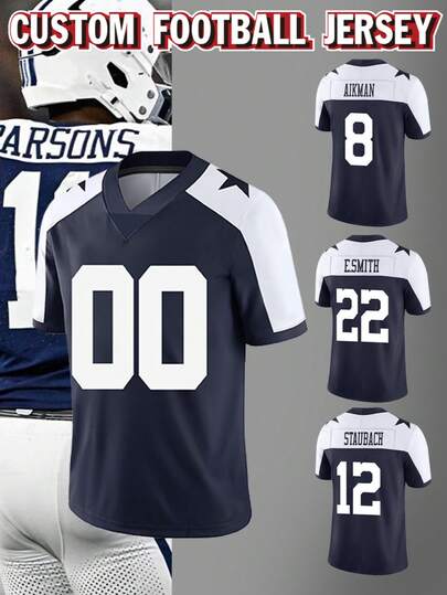 Customized Name & Number Men's Embroidered American Football Jersey, Dallas Blue V-Neck Personalized Short Sleeve Shirt, Suitable For Party, Match, Training, Competition, Size S-XXL, Fashion, Hip-Hop, Casual, Minimalist, Personalized, Custom, Unique, Men's Wear, Capsule Wardrobe, Men's Basic/Streetwear, Ideal Gift For Him, Boyfriend, Family, Friends, Suitable For Birthday, Holiday/Vacation, School/Match, Sports/Climbing, Etc. Summer