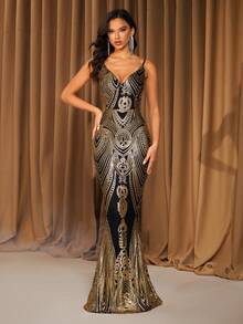 Elisanya Abito a sottoveste con scollo a V nero e oro con paillettes, adatto per feste, appuntamenti, gala, in tutte le stagioni (motivo floreale casuale sul retro, non abbinato) - nero - Visualizzare 3