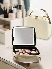 1pc Leather Makeup Bag With Mirror & Lights, Large Capacity Travel Makeup Case, Convenient For Shopping And Travel, Leakproof, Suitable As A Gift - Multicolor - View 2