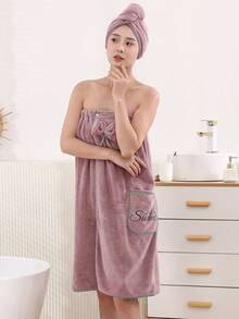 2 件女士简约贴花柔软舒适浴袍/浴帽套装，实用多功能浴巾 - 豆沙貼花裙套裝 - 查看 2