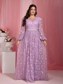 Elisanya Anpoket Romantic Plus Size Purple Prom Dress With Bishop Sleeves Deep V Neck And Pearl Details