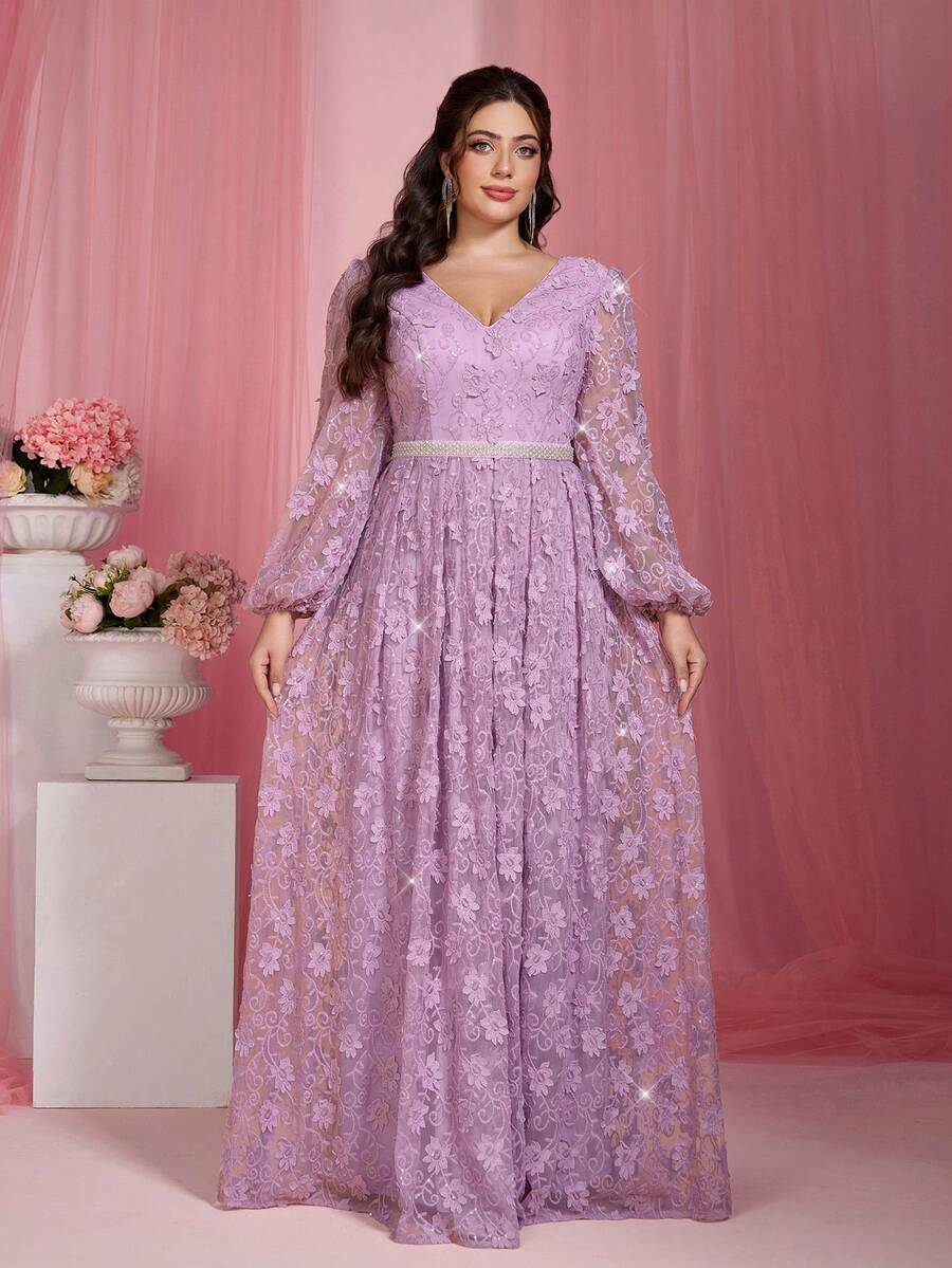 Elisanya Anpoket Romantic Plus Size Purple Prom Dress With Bishop Sleeves Deep V Neck And Pearl Details