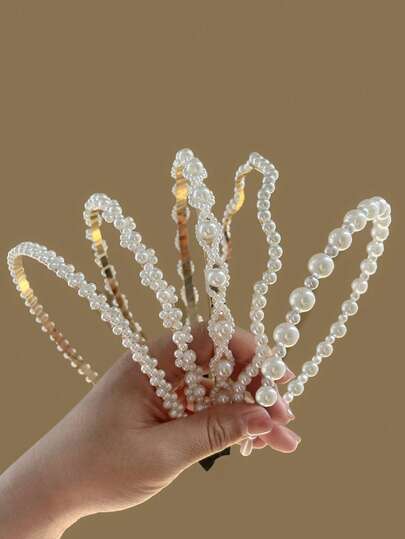 5条装女士优雅别致简约纯色仿珍珠金属发箍，百搭实用，适合日常佩戴、居家、学校、海滩、暑假、工作、派对、节日、生日、返校、新年、情人节、母亲节、教师节、婚礼、音乐节、毕业季、夏季假期、沙滩配饰、发饰、发带、发箍、女士发箍