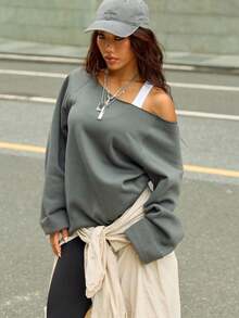 Women's One Shoulder Oversized Sweatshirt - Vintage Off Shoulder Gym Pullover In Moss Green | Casual Sportswear, Loose Fit Drop Shoulder Top For Streetwear & Lounge, Y2K Athleisure Style