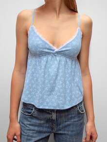 Women Camisole, Sleeveless Tops V-Neck Backless Lace Trim Floral Summer Vest For Party Club - 藍色 - 查看 1