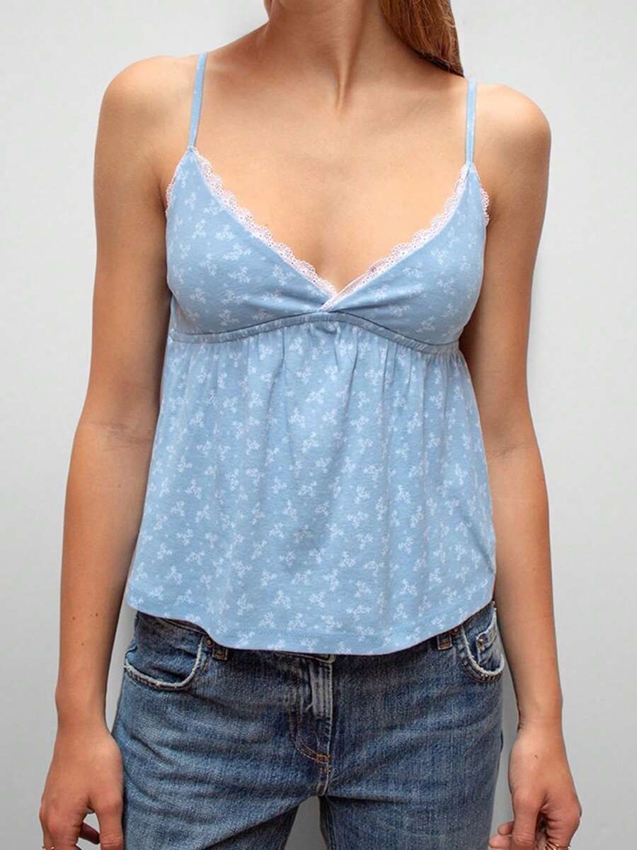 Women Camisole, Sleeveless Tops V-Neck Backless Lace Trim Floral Summer Vest For Party Club - 藍色 - 查看 1