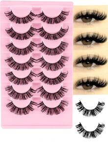 7 pares de cílios postiços de vison sintético, macios e naturais, curvados, reutilizáveis, pretos, finos, tiras, cílios postiços - Cílios Criss Cross - Ver 8