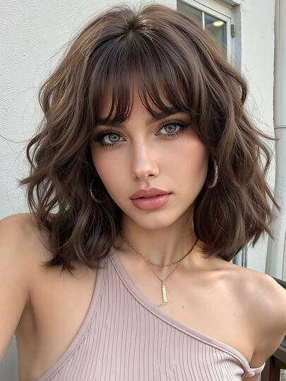 1 Pieza Peluca corta ondulada sintética tipo bob para mujeres, peluca recta de color marrón frío con flequillo corto rizado, de 12 pulgadas de largo, adecuada para uso diario, cabello falso natural y realista para Halloween, Navidad, Año Nuevo, carnaval, festivales de música, cosplay, regalos para niñas, regalos de graduación de verano, regalos listos, regalos de Halloween y Navidad