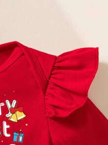 3件套圣诞宝宝套装，印花圣诞主题长袖连体衣、裙子、发饰套装，婴儿圣诞假日派对服装 - 紅色 - 查看 5