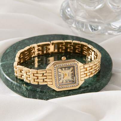 xinyunkou Korean Style Square Watch For Women, Stainless Steel Band With Rhinestones, Light Blue Small Dial, White Face, Luxury Petite Chic Casual Bracelet Watch