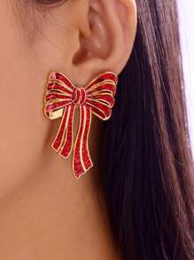 2 件时尚可爱的圣诞滴油蝴蝶结吊坠耳环，适合女性在圣诞节、节假日、日常和派对上佩戴 - 金色 - 查看 2