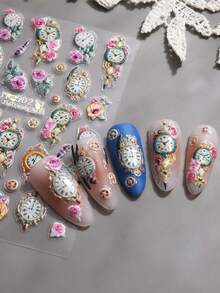 5D Embossed New Year Shiny Golden Glitter Clock Nail Art Stickers -Laser Flowers, Clock Rose, Floral Leaves PetalDesign Self-Adhesive Nail Art Decals ForWomen'S Festive Celebrations NailDecoration, Festive Nail Art| Floral Nail - Multicolor - View 3