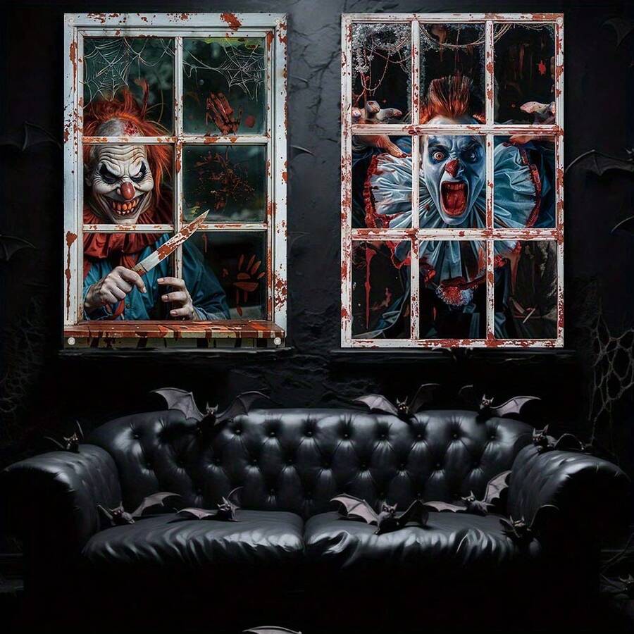 2pcs Halloween Window Door Decoration Flags, Polyester, Bloody Horror Broken Glass Clown Theme, Scary Halloween Window Door Flag Poster Party Decor Indoor Outdoor, 31.4x47.2 Inches
