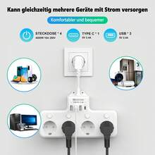 1 件欧盟插头电源板多触点插座，带 4 个交流电源插座、3 个 USB-A（5V、2.4V、12W）和 1 个 USB-C（5V、3.4V、17W）端口，用于快速充电壁式插座，带电涌保护器、5 厘米延长线，带独立 LED 显示开关，4000W 16A 250V。多功能电源板适用于家庭、办公室、旅行和厨房 - 查看 8