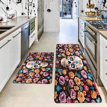 1pc Thickened 0.47 Inch/1.2cm Halloween Colorful Skull Pattern Kitchen Mat, Rose Background Non-Slip Polyester Floor Mat, Suitable For Bathroom, Bedroom, Game Room, Indoor And Outdoor Day Of The Dead Decoration Halloween Party - Multicolor - View 4