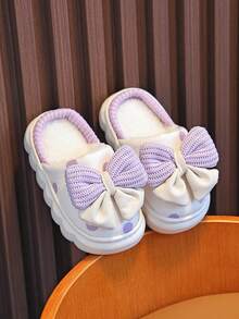 1 par de pantuflas de invierno con peluche para niños, pantuflas lindas y cálidas para niñas pequeñas, cómodas, impermeables y antideslizantes, con diseño de lazo delicado para pequeñas princesas - Morado - Ver 3