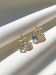 1對可愛、甜美、優雅的滴油白貝殼和海星和鑽石裝飾的海灘主題耳環,高級女士禮品珠寶 - 彩色 - 查看 18