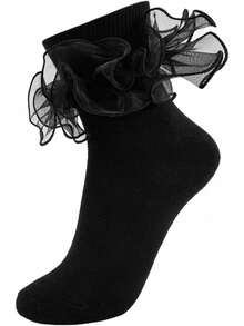 Women Big Ruffle Ankle Socks Adult Double Lace Frilly Socks Fold Cuff Cotton Ruffled Dress Crew Bobby Bride Sock - màu nâu - Xem 7