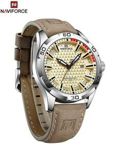Relojes de cuarzo de moda para hombres de la marca NAVIFORCE, con correa de cuero, resistentes al agua, con calendario y reloj - Marrón plateado - Ver 11