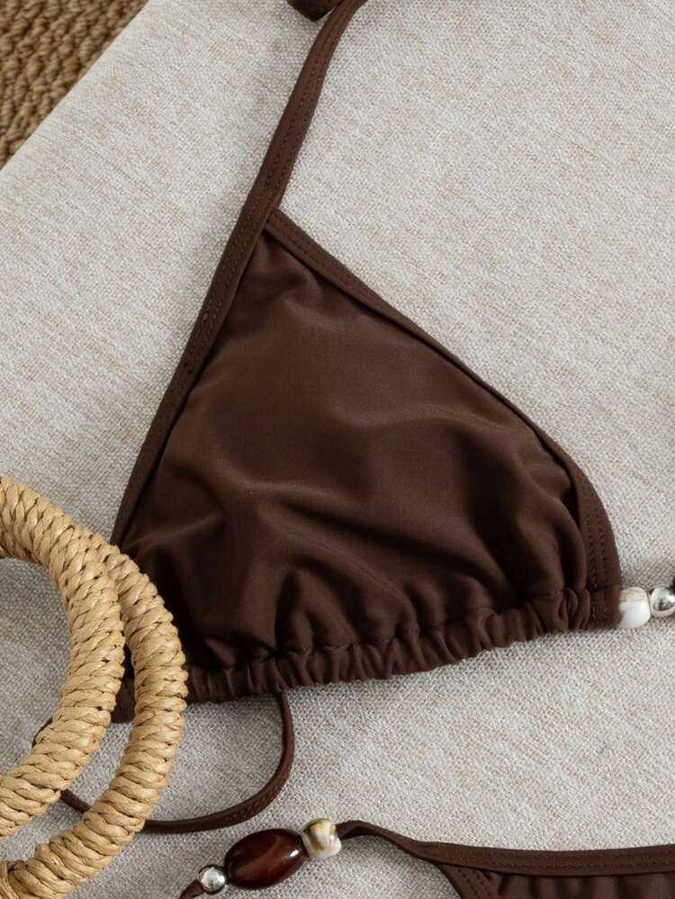 Summer Sexy Solid Color Halter Backless Tie-Up Bikini Beachwear Set - Brown - View 3