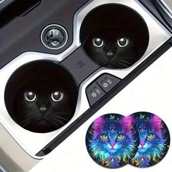 2pcs Cat Car Cup Holders, 2.8 Inch Round Decorative Car Cup Mats, Home And Auto Drink Coasters, Unisex Car Interior Accessories, Decorative Coasters, Suitable As Gifts For Family And Friends On Holidays And Birthdays