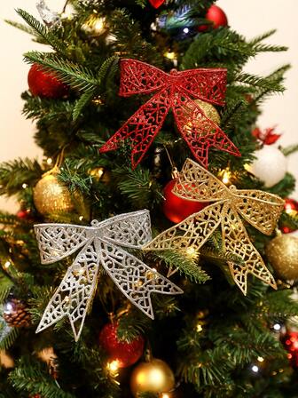 5pcs/1pc Christmas Bow Tree Topper Decorations, Christmas Tree Ornaments, Glitter Artificial Christmas Bows, DIY Wreath, Home Decor, Wedding Party, Christmas Gift Box Decor, Holiday Party Decorations, Christmas/Holiday/Seasonal/Wedding Christmas Tree Decor, Glittering Christmas Wooden Shrub Decorations