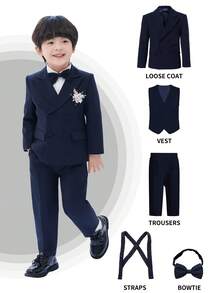5pcs/Set Boys' Classic Minimalist Formal Suit Set - Jacket + Vest + Pants + Tie + Suspenders, Suitable For Birthday Party, Celebration, Awards Ceremony