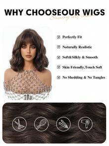 1 件女士合成短波浪鲍勃假发，黑色假发直发，冷棕色假发，短卷发刘海，12 英寸长，适合日常使用，自然逼真的假发，适合万圣节和圣诞节新年狂欢节音乐节角色扮演、女孩礼物、夏季毕业礼物、现成礼物、万圣节圣诞节礼物