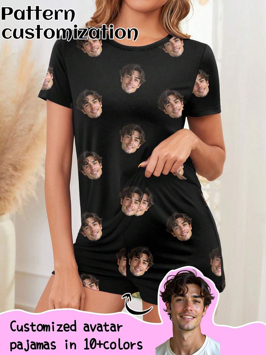 Customized Women's Pajama Set, Unique Big Head Photo, Couple Face Replacement, Holiday Atmosphere