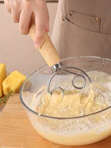 1 pieza Tamiz de harina con mango de madera, Mezclador de masa danés, Batidor de acero inoxidable