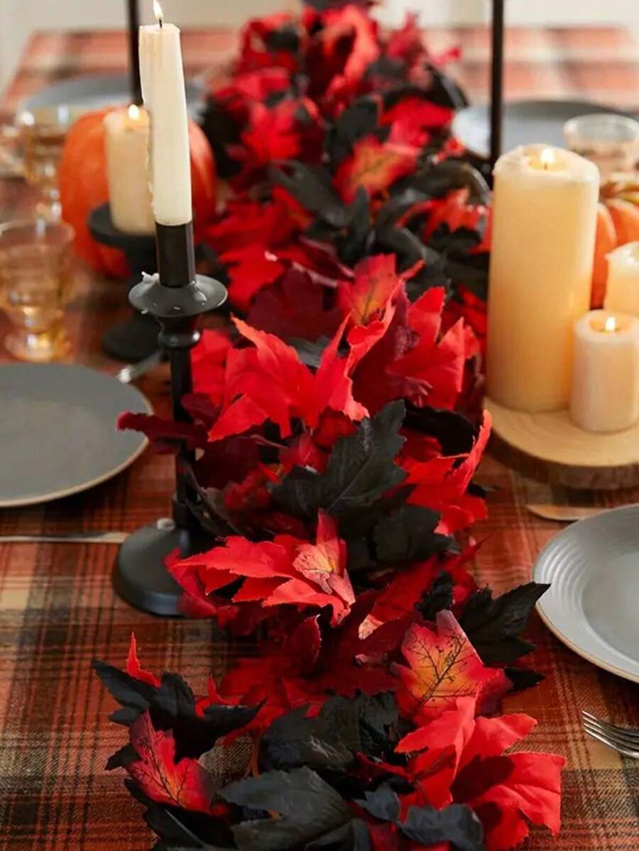 1件26片装，长约200厘米，人造枫叶，优雅的秋季花环枫叶，悬挂式植物绿色装饰，适用于卧室、家居墙壁、派对拱门、公寓房间装饰，非常适合感恩节装饰、家居、婚礼、壁炉和圣诞节！秋季装饰，秋季 - 彩色 - 查看 1