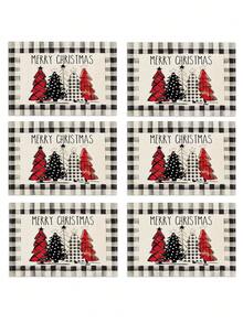 4/6 piezas Manteles individuales con estampado a cuadros búfalo de árbol de Navidad, estilo retro de lino aislado antideslizante, adecuados para decoración de mesa de cocina en el hogar, ambiente navideño, decoración rústica, suministros para fiestas, regalo