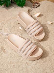 Summer New Strap Chunky Sole Crystal Rhinestone Decor Casual Comfortable Beach Slide Sandals, Apricot Color - Apricot - View 3