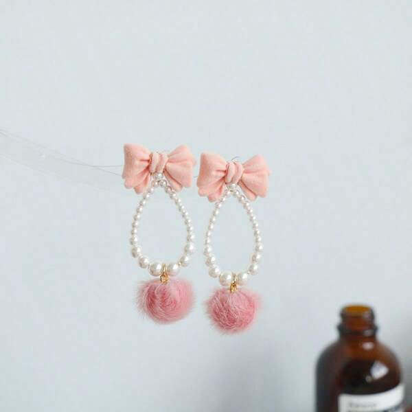 1 Pair Plush Cute Bow Earrings, Suitable For Daily Wear